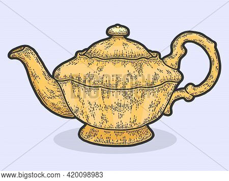 Teapot Vintage. Sketch Scratch Board Imitation Color Yellow.
