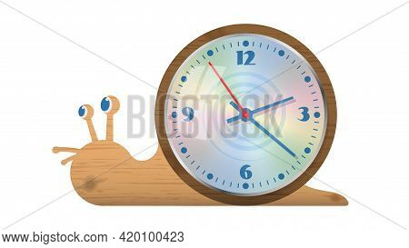 Table Clock In The Style Of A Snail Made Of Wood. Isolated White Background. Done In Vector.