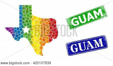 Spectrum Colorful Gradient Circle Mosaic Texas Map Logo, And Guam Rubber Framed Rectangle Watermarks