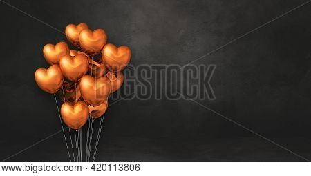 Copper Heart Shape Balloons Bunch On A Black Wall Background. Horizontal Banner. 3d Illustration Ren