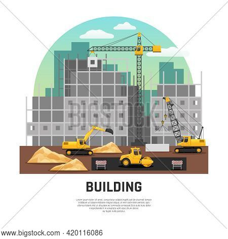Modern Building Construction Site With Cranes And Excavator Machinery At Work Flat Half-rond Composi