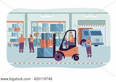 Cargo Staff In Warehouse Interior. Flat Vector Illustration. Factory And Logistic Workers, Loader In