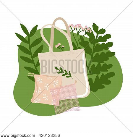 Collection Of Bags And Mesh With Green Leaves. Concept Of Zero Waste Store. Eco-friendly Sustainable