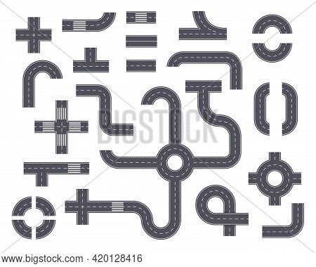 Road Elements. Top View Highway With Footpath, Ring Road, Crossroad, Curved Path. Asphalt Street Par