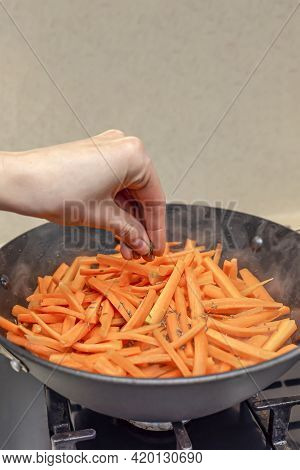 Cooking Pilaf In A Cauldron, A Recipe For Real Pilaf. Sprinkle Carrots With Cumin, Add To Pilaf. Coo
