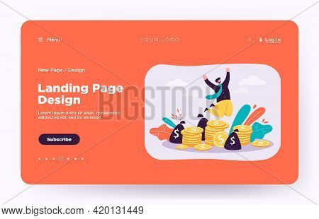 Happy Millionaire Jumping Near Pile Of Coins Flat Vector Illustration. Cartoon Businessman Or Banker