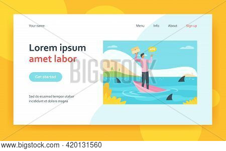 Businessman Going Through Financial Crisis And Bankruptcy Metaphor. Man On Sinking Boat In Sea With 