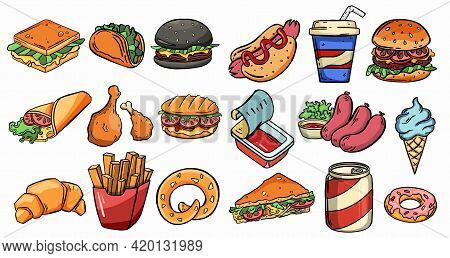 Fast Food Meals Set Collection Vector. Realistic Detailed Collection Banner With Hotdog, Burger, San