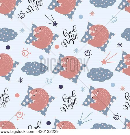 Seamless Pattern With Cute Squirrel Sleep On A Pillow. Animal On The Starry Fantatic Sky. Vector Goo