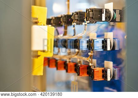 Various Color Signal Lamp Indicator And Push Button Switch Install At Electric Power Control Cabinet