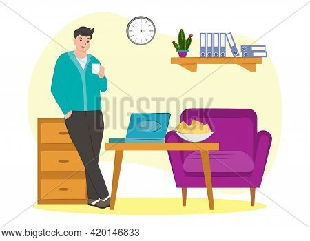 Man At Home Drinking Coffee. A Freelancer At Home On The Weekend. Living Room Interior. Vector Illus