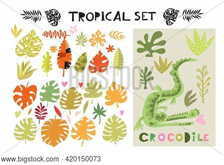 Beautiful Big  Set With Tropical Animals And Plants, Exotic  Flowers. Cute  Vector Elements In Flat 