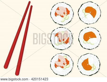 Vector Illustration. Sushi Of Traditional Japanese Food. Sushi Set With Salmon And Shrimps, Rippled 