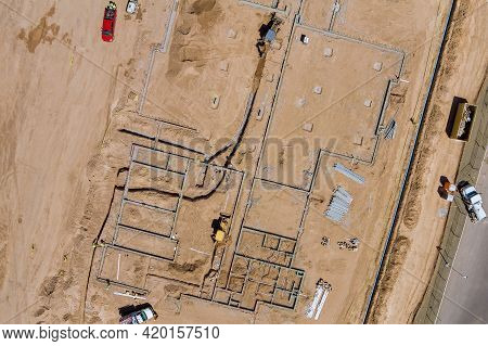 Aerial View New Residential Complex Buildings For Construction Work In The Laying Underground Pipes 