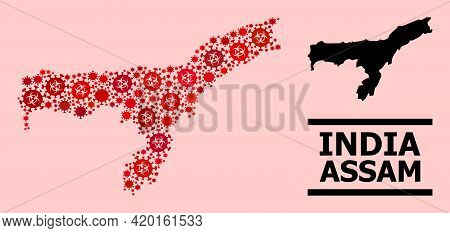 Vector Covid-2019 Mosaic Map Of Assam State Created For Pharmacy Advertisement. Red Mosaic Map Of As