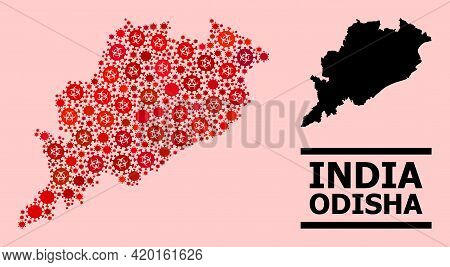 Vector Coronavirus Mosaic Map Of Odisha State Done For Pharmacy Purposes. Red Mosaic Map Of Odisha S