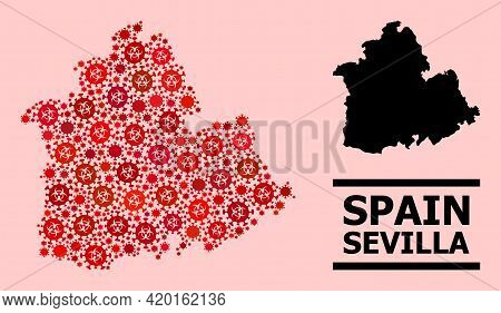 Vector Covid-2019 Composition Map Of Sevilla Province Designed For Pandemic Illustrations. Red Mosai