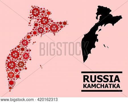 Vector Covid-2019 Mosaic Map Of Kamchatka Peninsula Designed For Pharmacy Purposes. Red Mosaic Map O