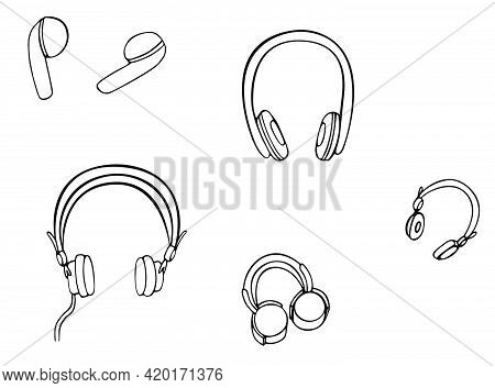 Different Headphones Set Hand Drawn Vector Illustration