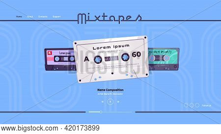 Mixtapes Cartoon Landing Page, Audio Record Player Online Interface Or Mobile Application With Retro