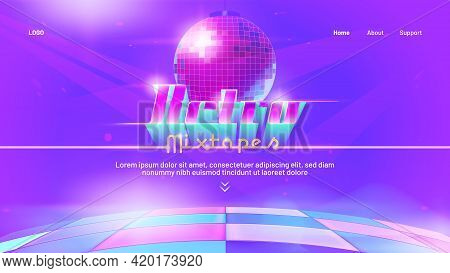 Retro Mixtape Banner With Dance Floor And Disco Ball. Club Party With Music Of 80s And 90s. Vector L