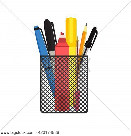 Flat Vector Illustration Of Various Pens, Pencils And Scissors In Black Mesh Pen Holder. Isolated On