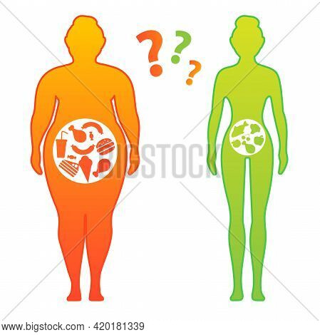 Woman Body Transformation Concept. Running Girl Is Loosing Weight. Great Results In Sports. Vector I