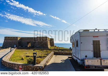 Caravan On Coastal Fortification, Castle Near The Town Of Los Banos De Guardias Viejas, Almeria Prov