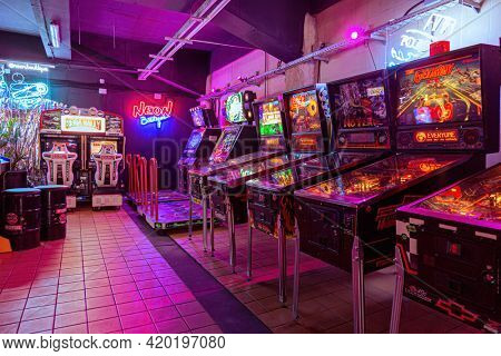 Moscow, Russia - April 29, 2021: Pinball museum. Pinball table close up view of vintage game machine