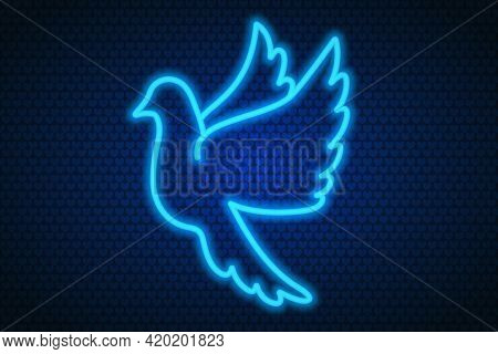 Neon Pigeon. The Bird Flaps Its Wings. Colored Vector Illustration. Isolated Background Of Blue Hear