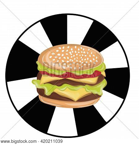 Hamburger Icon. American Cheeseburger With Lettuce Tomato Onion Cheese Beef And Sauce Close Up Isola