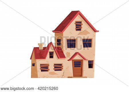 Old Abandoned House, Building In Cartoon Style Isolated On White Background. Broken Property, Wooden