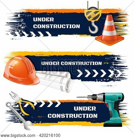 Under Construction Grunge Banners With Road Barrier Protective Helmet Hook Of Elevating Crane Realis