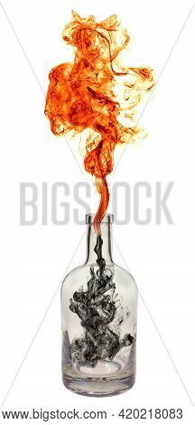 A Genie Leaves A Transparent Glass Bottle In Front Of A White Background.
