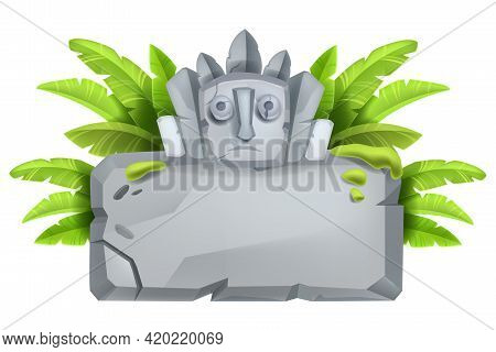 Stone Sign Board, Vector Game Cartoon Rock, Tablet, Jungle Boulder Frame, Banana Leaves, Maya Totem.