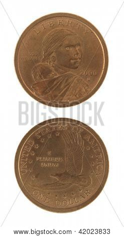 Amerikanske Sacagawea dollar mønt. Forsiden og bagsiden isoleret på hvid.