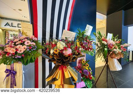 KUALA LUMPUR, MALAYSIA - JANUARY 18, 2020: opening ceremony flowers at Sephora store in Fahrenheit 88 shopping mall in Kuala Lumpur.