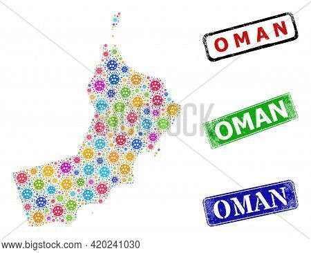Vector Covid-2019 Collage Oman Map, And Grunge Badges. Vector Multi-colored Oman Map Collage, And Di