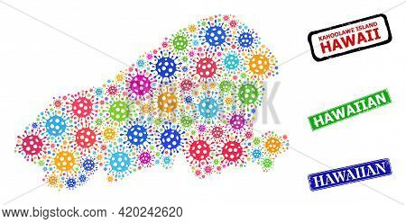 Vector Bacterium Collage Kahoolawe Island Map, And Grunge Hawaiian Stamps. Vector Multi-colored Kaho