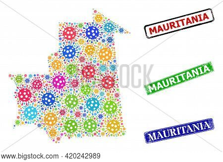 Vector Cell Mosaic Mauritania Map, And Grunge Mauritania Badges. Vector Colorful Mauritania Map Mosa