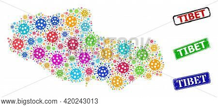 Vector Coronavirus Mosaic Tibet Map, And Grunge Tibet Badges. Vector Colored Tibet Map Mosaic, And T