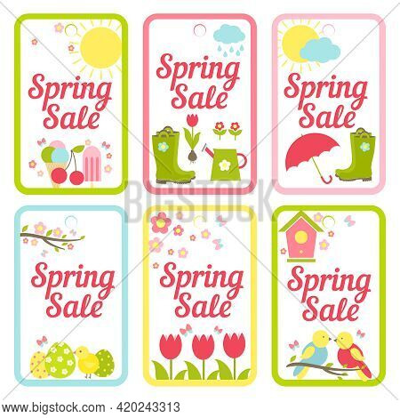 Collection Of Six Vector Designs For Spring Sale Signs Depicting The Weather  Icecream  Gardening  E