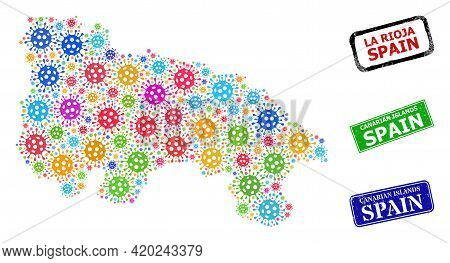 Vector Cell Collage La Rioja Of Spain Map, And Grunge Canarian Islands Spain Seal Stamps. Vector Col