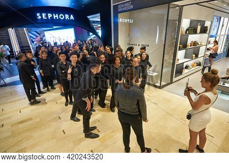 KUALA LUMPUR, MALAYSIA - JANUARY 18, 2020: people at Sephora store in Fahrenheit 88 shopping mall in Kuala Lumpur.