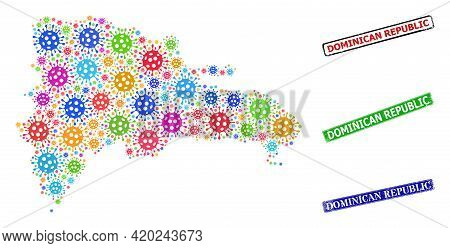 Vector Contagious Collage Dominican Republic Map, And Grunge Dominican Republic Stamps. Vector Color