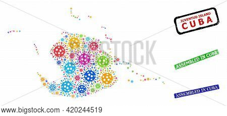 Vector Contagious Mosaic Juventud Island Map, And Grunge Assembled In Cuba Seals. Vector Colorful Ju