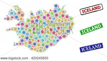 Vector Viral Collage Iceland Map, And Grunge Iceland Seal Stamps. Vector Vibrant Iceland Map Collage