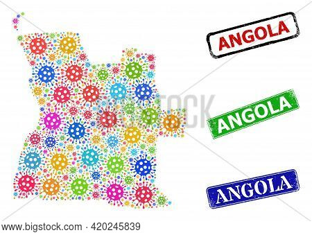 Vector Coronavirus Mosaic Angola Map, And Grunge Angola Seal Stamps. Vector Vibrant Angola Map Mosai