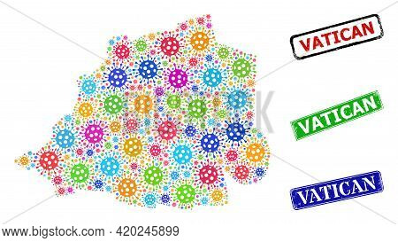 Vector Infection Mosaic Vatican Map, And Grunge Vatican Seals. Vector Colored Vatican Map Mosaic, An