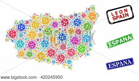 Vector Infection Mosaic Leon Province Map, And Grunge Espana Seal Stamps. Vector Colorful Leon Provi